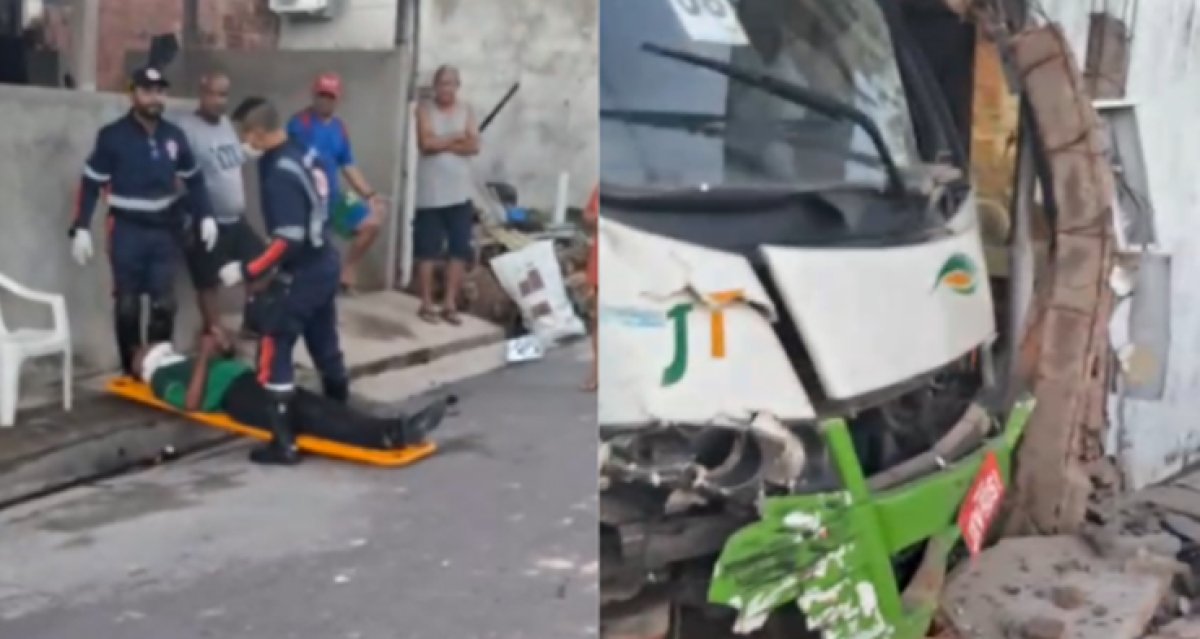 Micro-ônibus perde freio, bate em carro e destrói muro e parede de casa em Manaus