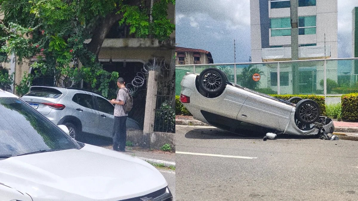 Acidente no Parque 10 deixa carro capotado e veículo invade condomínio em Manaus