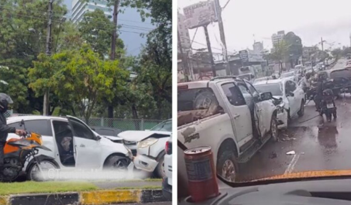 Motorista entra na contramão sob chuva e provoca colisão frontal na Djalma Batista, em Manaus
